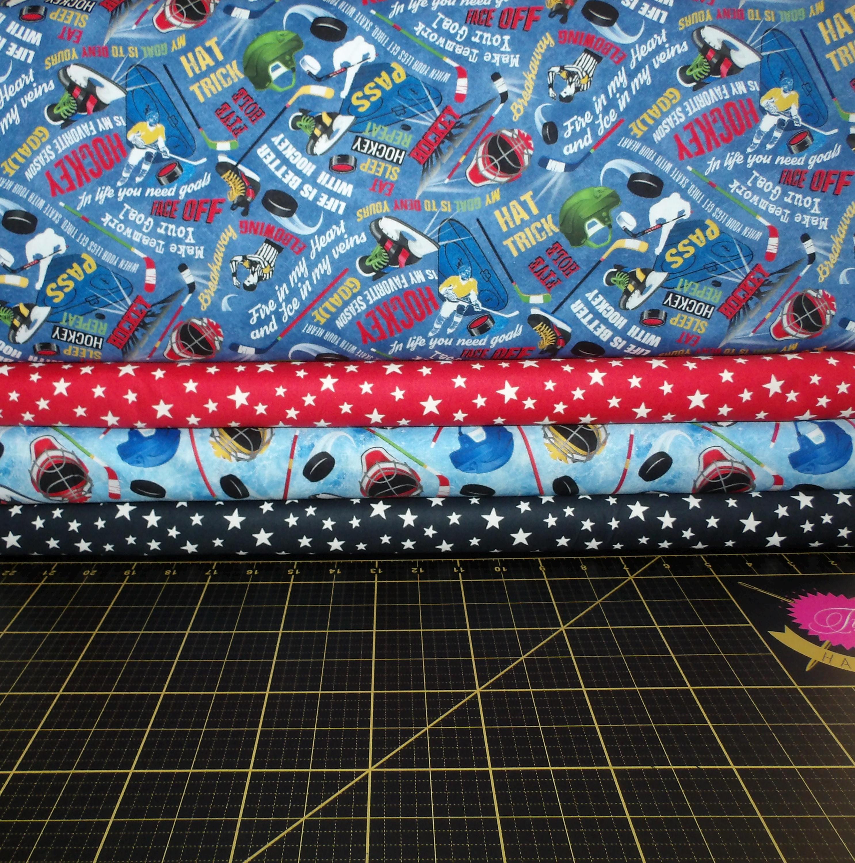 Hockey Fat Quarter Bundle - 4 Piece FQ Set Using Timeless Treasures Hockey and matching Lewis & Irene Stars- 100% Cotton Fabric