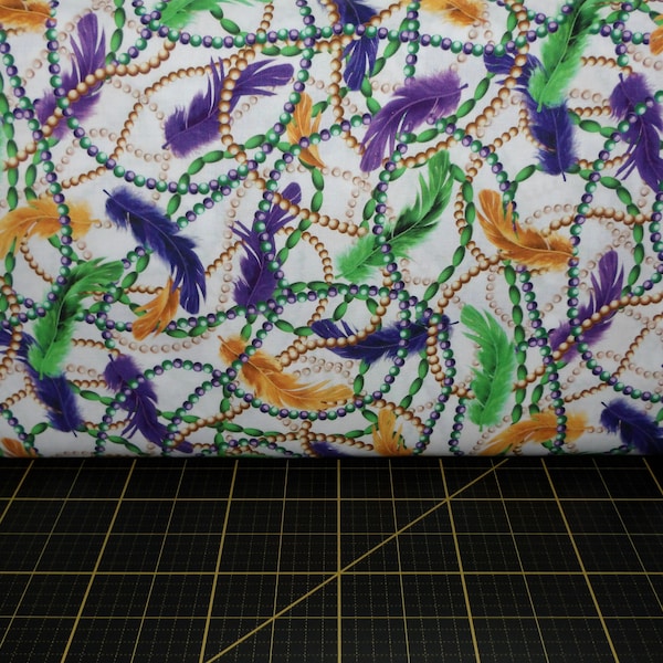 QT Fabrics. Mardi Gras. Feathers & Beads White DIGITALLY PRINTED