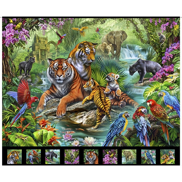 QT Fabrics. Jungle Paradise. Jungle Animal Panel Full Yard Black