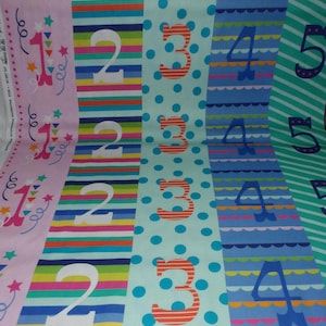May include: A colorful fabric strip with numbers 1 through 5, each number has a different pattern. The number 1 has a pink background with stars and swirls, the number 2 has a rainbow striped background, the number 3 has a light blue background with turquoise polka dots, the number 4 has a blue background with wavy lines, and the number 5 has a green background with diagonal stripes.