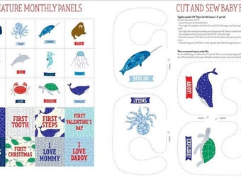 Moda. Ahoy. Sea Creature Cut and Sew Baby Bibs Panel 2/3 yd- Also has baby milestone cut outs