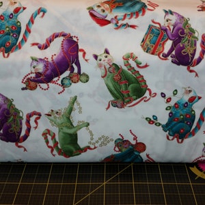 Benartex. Cat-I-tude Christmas. Playful Cats White/Multi METALLIC - highly out of print Christmas cats fabric designed by Ann Lauer