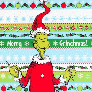 Robert Kaufman. How The Grinch Stole Christmas. Large Grinch over Holiday Stripe Panel 2/3 yd