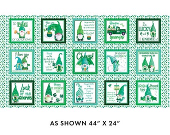 Kanvas. Glück der Zwerge. Glückszwerg Boxen Weiß/Grün Panel 2/3yd - St. Patrick's Day Gnome Fabric