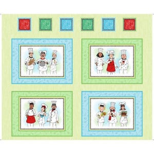 Peut inclure: Un tissu vert et bleu avec un motif répété de chefs dans différentes poses. Les chefs portent des toques blanches et des tabliers. Le tissu a un fond vert clair avec un motif bleu et blanc d'ustensiles de cuisine.