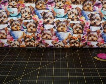 David Textiles. Yorkie Teacups Allover Multi DIGITALLY PRINTED