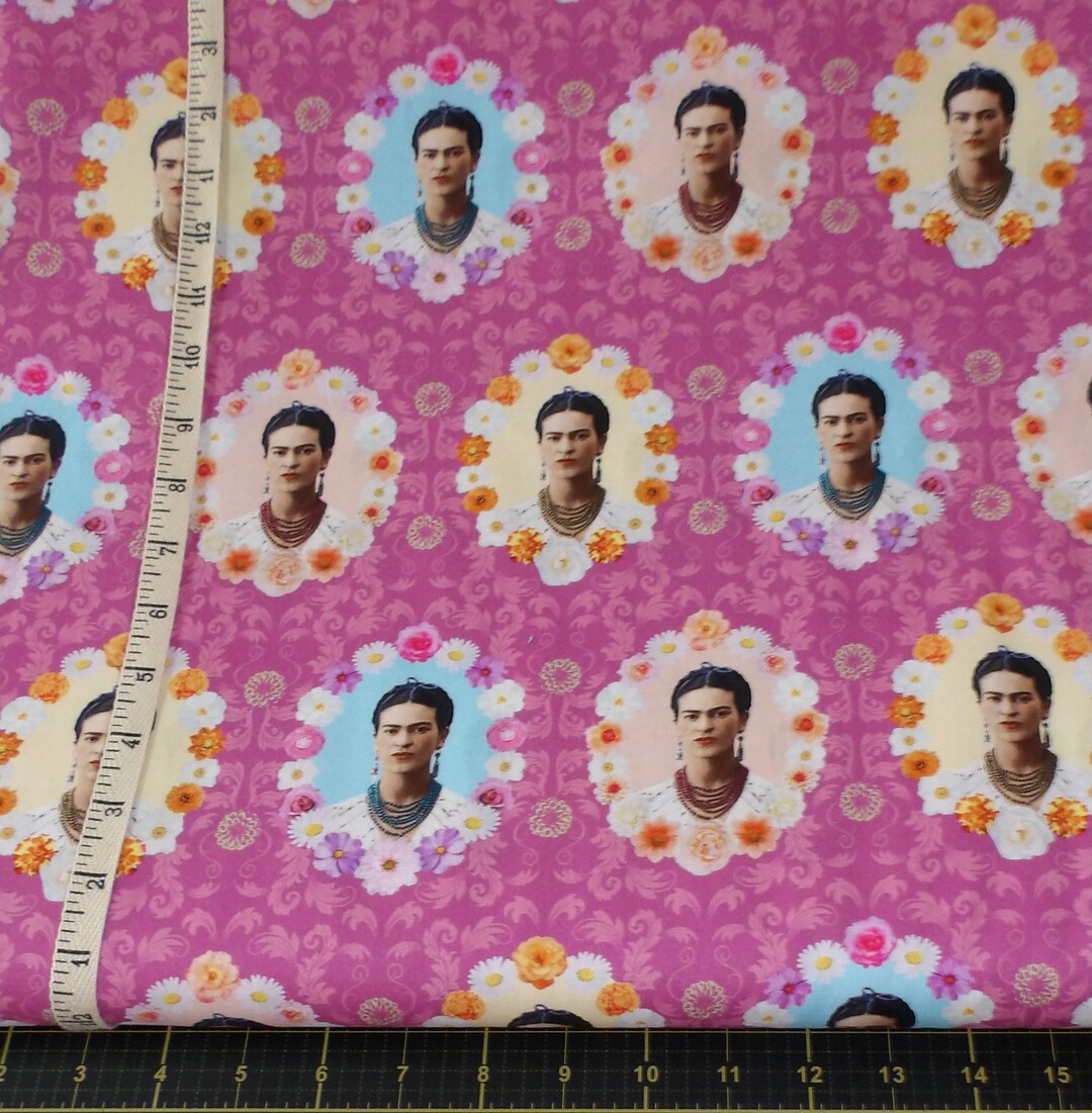 Robert Kaufman. Frida Kahlo. Picture in Floral Frame Pink DIGITALLY