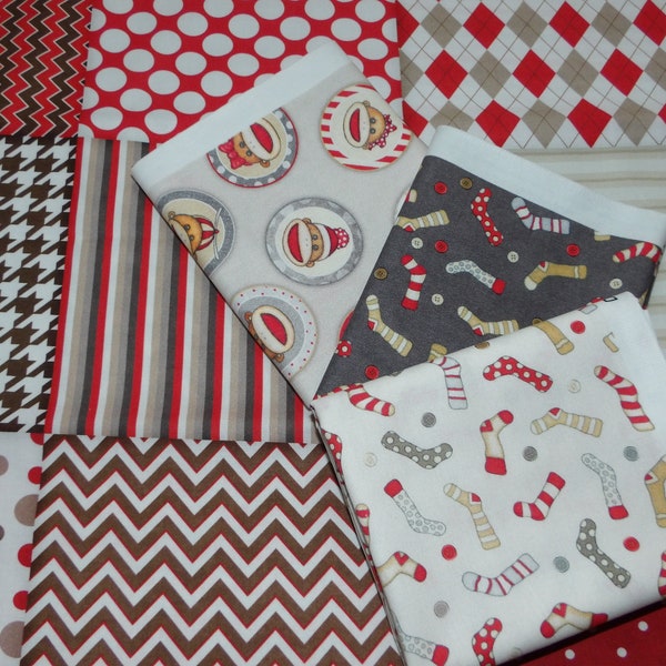 Sock Monkey Fat Quarter Bundle - 4 Piece QT Fabrics Monkey Biz FQ Bundle - 100% cotton woven