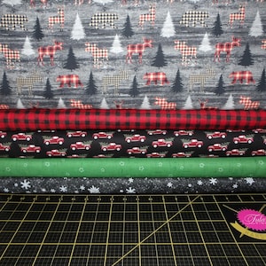 Rustic Journey Fat Quarter Bundle - 5 Piece Benartex Winter Moose, Deer, Red Truck, and Buffalo Plaid FQ Bundle - 100% Cotton Fabric