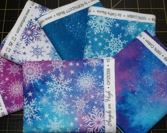 Angels on High (New) Fat Quarter Bundle - 6 Piece Northcott Purple and Teal Snowflakes and Galaxy FQ Bundle - 100% cotton woven