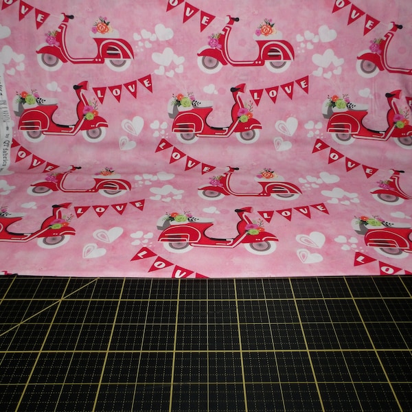 QT Fabrics. Sweet Valentine. Scooter Valentine Pink - Valentine's Day Retro Scooter Fabric