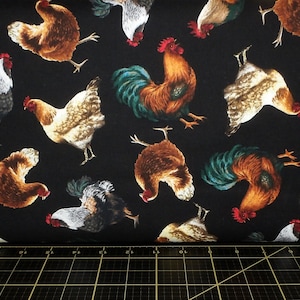 Timeless Treasures. Farm Stand. Tossed Chickens Black DIGITALLY PRINTED