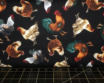 Timeless Treasures. Farm Stand. Tossed Chickens Black DIGITALLY PRINTED