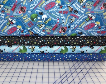 Paquete de cuartos de tela de hockey - Juego de 4 piezas de cuartos de tela con hockey Timeless Treasures y estrellas Benartex a juego - Tela 100 % algodón