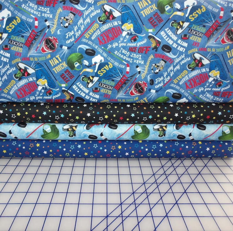 Hockey Fat Quarter Bundle - 4 Piece FQ Set Using Timeless Treasures Hockey and matching Benartex Stars- 100% Cotton Fabric image 1