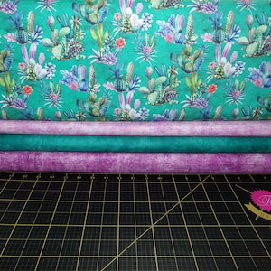 Lanzarote Cacti Fat Quarter Bundle - 4 Piece Teal and Purple Cacti FQ Bundle - 100% Cotton