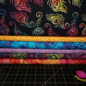 Peacock BATIK Fat Quarter Bundle - 6 Piece Batik Textiles Peacock Feather Batik FQ Set - 100% Cotton Batik