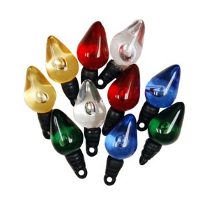 May include: A collection of ten translucent, teardrop-shaped plastic light bulb covers in assorted colors including red, blue, green, yellow, and clear. Each bulb features a black, threaded base with a small circular loop at the bottom.