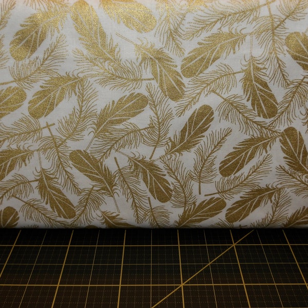 Windham Fabrics. Precious Metal Nature. Feathers White w/Gold METALLIC