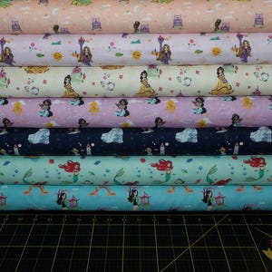 Heart of a Princess Fat Quarter Bundle - 7 Piece Disney Princess Ariel, Belle, Cinderella, Jasmine, Mulan, Rapunzel, and Tiana FQ Bundle