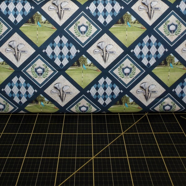 Clothworks. Fore! Frame Up Navy Blue Digitally Printed - Golfing fabric