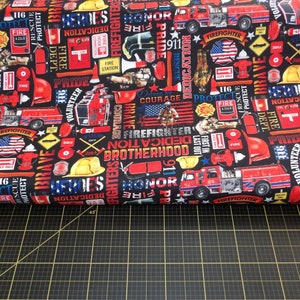 Timeless Treasures. Fire Department. Firefighter Equipment and Text Black DIGITALLY PRINTED