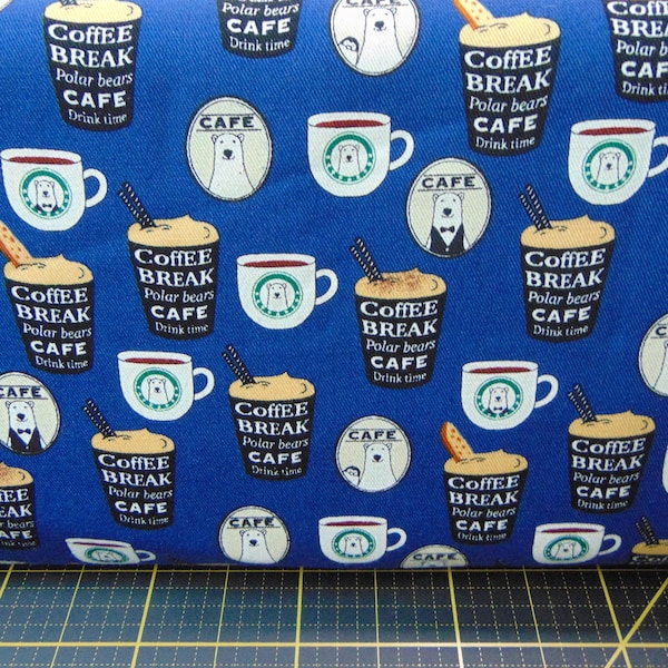 Kiyohara. Polar Bear Coffee Cafe Oxford Cloth Blue - Japanese Designed Fabric