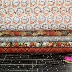 Rustic Harvest Wreath Fat Quarter Bundle - 5 Piece Fall Pumpkins and Leaves FQ Bundle - 100% Cotton Woven Fabric