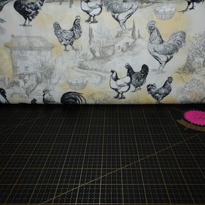 Michael Miller. Early To Rise. Chicken Coop Toile Butter - farmhouse style chicken and rooster fabric