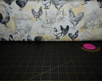 Michael Miller. Early To Rise. Chicken Coop Toile Butter - farmhouse style chicken and rooster fabric