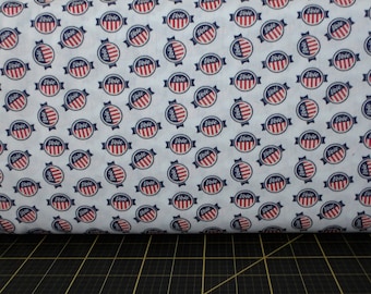 May include: White fabric with a repeating pattern of red, white, and blue circles. Each circle has a blue ribbon with the word "Vote" written on it.