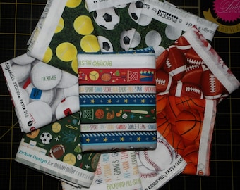 All Stars Sports Fat Quarter Bundle - 10 Piece Generic Baseball, Basketball, Football, Golf, Soccer, & Tennis Themed FQ Bundle - 100% cotton