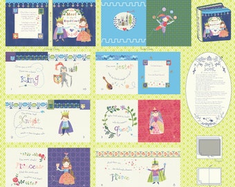 May include: A set of 10 illustrated fabric panels featuring characters from a royal court. The panels include a king, queen, knight, jester, princess, and prince. Each panel has a different color scheme and design. The panels are perfect for creating a unique and whimsical quilt or other sewing project.