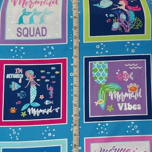 Kanvas. Mystical Mermaids. Mermaid Boxes Blue Panel 2/3 yd Pearlescent