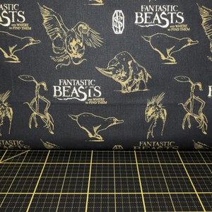 May include: Black fabric with a gold repeating pattern of Fantastic Beasts and Where to Find Them text, a magical creature, and the Warner Bros. logo.