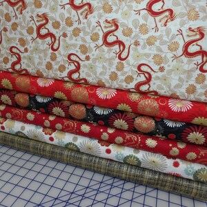 Year of the Dragon Quarter Bundle - 6 Piece Dragon and Floral with Gold Shimmer Metallic FQ Set - 100% cotton with gold shimmer ink image 3