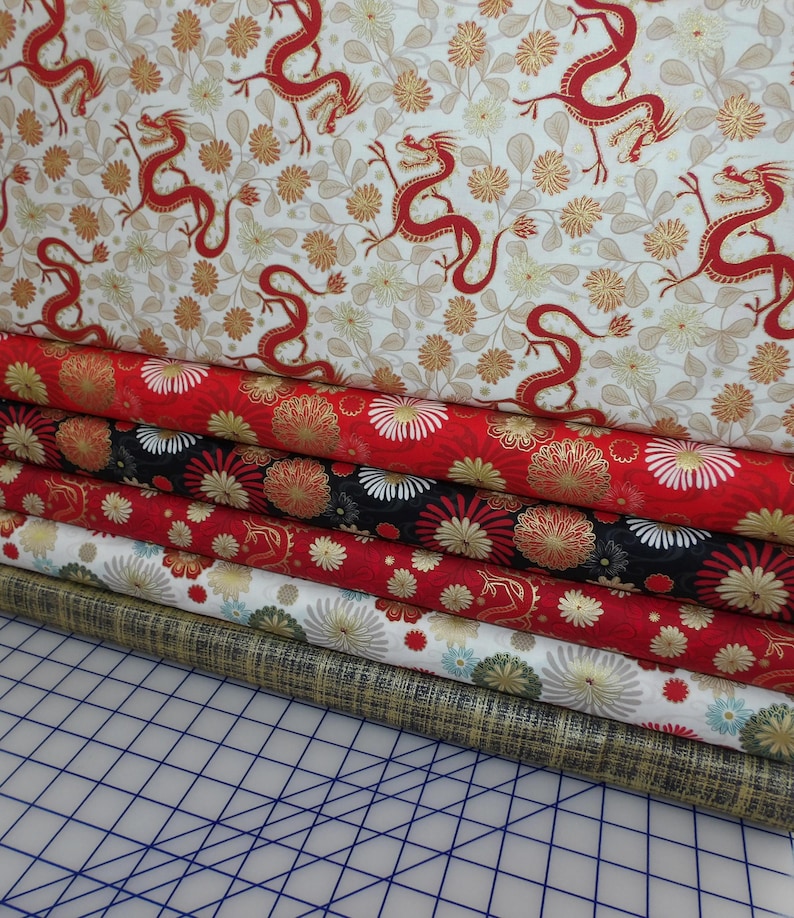 Year of the Dragon Quarter Bundle - 6 Piece Dragon and Floral with Gold Shimmer Metallic FQ Set - 100% cotton with gold shimmer ink image 3