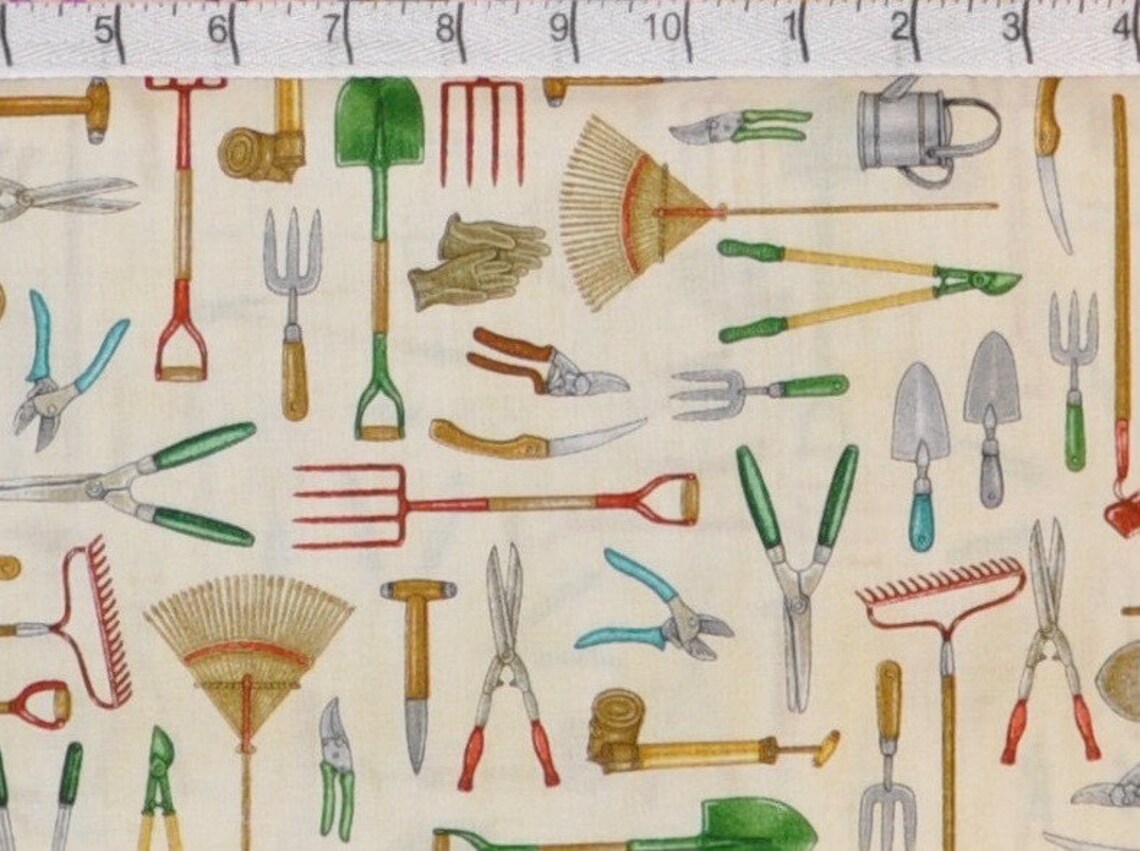 QT Fabrics. A Gardening We Grow. Gardening Tools Cream Etsy