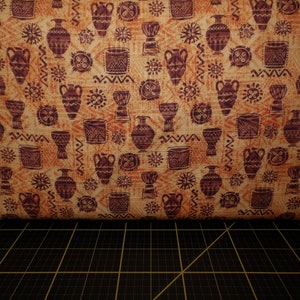 May include: A brown fabric with a repeating pattern of stylized brown pots, drums, and sun symbols on a light brown background.