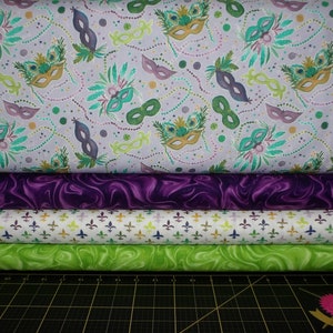 Dear Stella Mardi Gras Fat Quarter Bundle - 4 Piece FQ Bundle - 2 Prints from Dear Stella and 2 Matching Marbleized - 100% Cotton Fabric