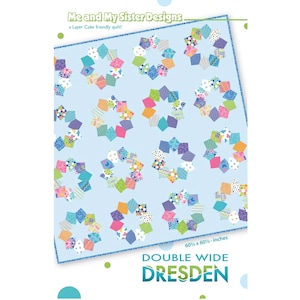 May include: A quilt pattern featuring a double wide Dresden design. The quilt is made up of colourful squares and diamonds arranged in a circular pattern. The quilt is 60 inches by 60 inches.