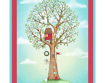 QT Fabrics. Hangin' Out. Panel Animals In Tree, cały podwórko - Panel kołdry Animal Treehouse dla dzieci