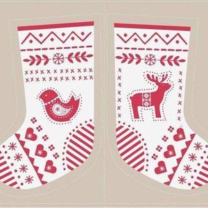 Lewis and Irene. When I Met Santa&#39;s Reindeer. Stocking Red and White  - 1/2 yard panel