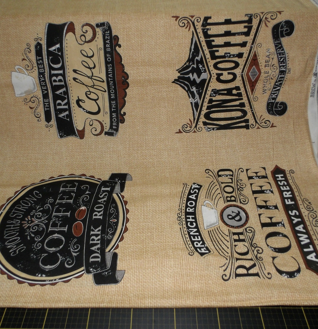Moda. Brew. Coffee Label Panel Burlap Tan 2/3 Yd - Out of Print Deb ...