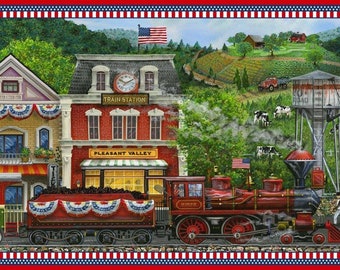 Northcott. Sweet Land of Liberty. Train Station Panel 28 inch DIGITALLY PRINTED
