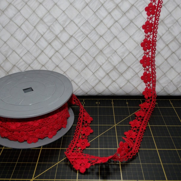 Flower Braided Lace, 27 mm - Red - 100% Polyester Guipure (Bobbin lace) from France