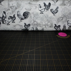 Michael Miller. Early To Rise. Chicken Coop Toile Cream - farmhouse style chicken and rooster fabric