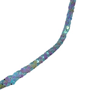 May include: A light blue iridescent sequin trim with a slight curve. The trim is made of small, round sequins that are sewn together in a continuous line.
