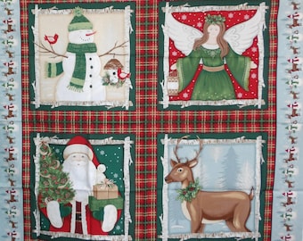 May include: A red and green plaid fabric with four squares. Each square has a different Christmas scene: a snowman, an angel, Santa Claus, and a reindeer. The fabric is perfect for quilting, crafts, and home decor.