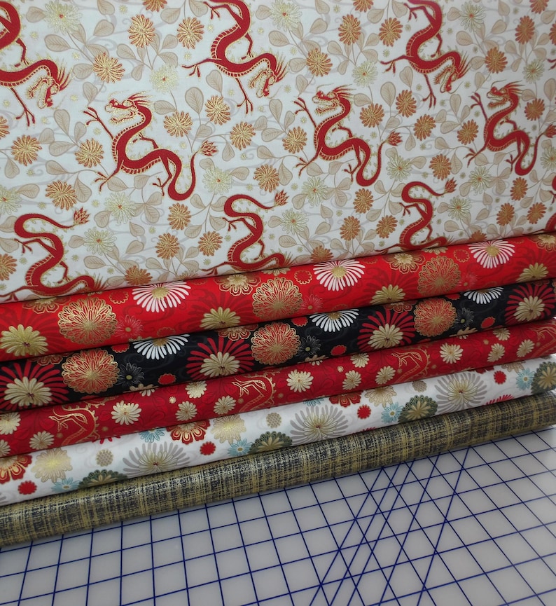 Year of the Dragon Quarter Bundle - 6 Piece Dragon and Floral with Gold Shimmer Metallic FQ Set - 100% cotton with gold shimmer ink image 2